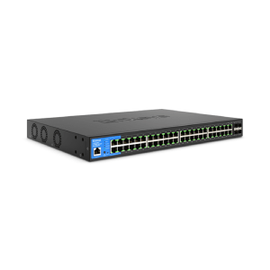 Angled Linksys 48 Port PoE Switch with 176 Gbps Switching Capacity and 48GE and 4SFP ports